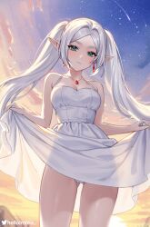 Rule 34 | 1girl, bare arms, bare shoulders, blue eyes, breasts, cleavage, commentary, cowboy shot, dress, earrings, frieren, head tilt, helloimtea, highres, jewelry, long hair, looking at viewer, outdoors, pointy ears, skirt hold, sleeveless, sleeveless dress, small breasts, solo, sousou no frieren, spaghetti strap, standing, thighs, twintails, very long hair, white dress, white hair