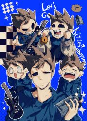 Rule 34 | 1boy, animal, arms at sides, bag, bass guitar, blue background, blue hoodie, bottle, brown hair, cat, chinese commentary, closed mouth, commentary request, crying, eddsworld, english text, grey bag, grey cat, grin, guitar, hair behind ear, halftone, halftone background, hands on own cheeks, hands on own face, hands up, highres, holding, holding bag, holding bottle, holding guitar, holding instrument, hollow eyes, hood, hood down, hoodie, instrument, long sleeves, looking at viewer, luobxd, male focus, multiple views, open mouth, orange cat, outline, puffy long sleeves, puffy sleeves, short hair, simple background, smile, sparkle, spiked hair, teeth, tom (eddsworld), tongue, uneven eyes, upper body, upper teeth only, white outline