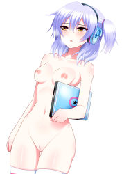 Rule 34 | 1girl, :&lt;, andou roza, blush, breasts, breath, carrying, casual nudity, collarbone, computer, dutch angle, female focus, headphones, henshin!, henshin!!! ~pantsu ni natte kunkun peropero~, laptop, nase, navel, nipples, nude, ponytail, purple hair, pussy, short hair, side ponytail, simple background, small breasts, solo, standing, thighhighs, uncensored, white background, yellow eyes