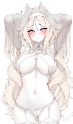 Rule 34 | 1girl, absurdres, animal ears, archetto (arknights), arknights, arms up, blonde hair, blue eyes, blush, breast curtains, breasts, breasts apart, bright pupils, cowboy shot, cross, cross necklace, extra ears, garter straps, hair between eyes, heart, heterochromia, highres, hood, hood up, jewelry, large breasts, lilac (k32420276), long hair, long sleeves, looking at viewer, navel, necklace, panties, red eyes, simple background, solo, thighhighs, underwear, unfinished, very long hair, white background, white panties, white pupils, white thighhighs, wide hips