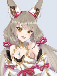 Rule 34 | 1girl, :d, absurdres, animal ear fluff, animal ears, bare shoulders, blush, breasts, brown eyes, cleavage, commentary request, detached sleeves, dress, facial mark, fang, fukai asase, grey background, grey hair, highres, long hair, looking at viewer, low twintails, nia (xenoblade), open mouth, simple background, small breasts, smile, solo, twintails, very long hair, white dress, white sleeves, xenoblade chronicles (series), xenoblade chronicles 2