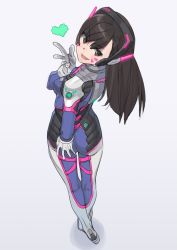 Rule 34 | 1girl, armor, ass, bodysuit, boots, breasts, brown eyes, brown hair, d.va (overwatch), eyebrows, facepaint, facial mark, from behind, full body, gloves, hand on own ass, headphones, heart, high collar, long hair, looking back, medium breasts, overwatch, overwatch 1, pilot suit, shoulder pads, simple background, solo, ssberit, swept bangs, thigh boots, thighhighs, turtleneck, whisker markings, white footwear, white gloves, white thighhighs