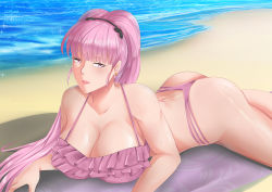 Rule 34 | 1girl,  imnekki, ass, beach, beach towel, bikini, breasts, cleavage, earrings, female focus, fire emblem, fire emblem: three houses, frilled bikini, frills, hair ornament, highres, hilda valentine goneril, jewelry, large breasts, long hair, lying, matching hair/eyes, nintendo, on stomach, parted lips, pink bikini, pink eyes, pink hair, solo, swimsuit, thong, towel, twintails