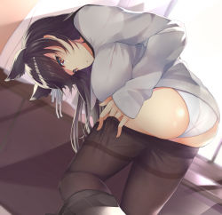 Rule 34 | 1girl, alternate costume, animal ears, ass, atago (azur lane), atago (school traumerei) (azur lane), azur lane, bent over, black hair, black pantyhose, black skirt, blush, breasts, brown eyes, clothes pull, curtains, day, extra ears, hair ribbon, hand in pantyhose, highres, indoors, large breasts, long hair, long sleeves, looking at viewer, looking back, miya ur, mole, mole under eye, panties, pantyhose, pantyhose pull, parted lips, pleated skirt, ribbon, school uniform, skirt, skirt around one leg, solo, sweater, swept bangs, underwear, undressing, uniform, white panties, white ribbon, wind, window