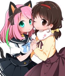 Rule 34 | 10s, 2girls, animal ears, animal hands, aqua eyes, bad id, bad pixiv id, bell, blue bow, blue bowtie, blush, bow, bowtie, brown hair, brown ribbon, brown skirt, buttons, cat ears, cat tail, choker, closed mouth, collar, cross-laced clothes, earrings, eyebrows, fur collar, giri (umetororo), gloves, green hair, hair bow, hair intakes, hairband, hashimoto nyaa, heads together, holding hands, interlocked fingers, jewelry, long sleeves, looking at viewer, low twintails, multicolored hair, multiple girls, nail polish, neck bell, neck ribbon, one eye closed, osomatsu-kun, osomatsu-san, paw gloves, pink hair, pink nails, puffy short sleeves, puffy sleeves, red nails, ribbed shirt, ribbon, sailor collar, shirt, short sleeves, short twintails, simple background, skirt, smile, striped, striped bow, swept bangs, symmetrical hand pose, symmetrical pose, tail, turtleneck, twintails, underbust, white background, white shirt, yellow bow, yowai totoko