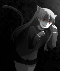 Rule 34 | 1girl, animal ears, bad id, bad twitter id, black background, cat ears, cat tail, commentary, cowboy shot, english commentary, evil smile, eyebrows, gesugao, glowing, glowing eyes, grey background, greyscale, highres, k-on!, kemonomimi mode, kotobuki tsumugi, long hair, looking at viewer, monochrome, pantsu shot, patterned background, paw pose, pleated skirt, red eyes, red theme, sakuragaoka high school uniform, school uniform, simple background, skirt, smile, solo, spot color, tail, upper body