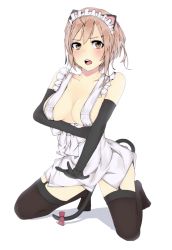 Rule 34 | 1girl, apron, bad id, bad pixiv id, black thighhighs, blush, breasts, brown eyes, brown hair, cat tail, elbow gloves, garter straps, gloves, haekake, kneeling, large breasts, maid, maid apron, maid headdress, naked apron, open mouth, original, ribbon, short hair, solo, tail, tail ornament, tail ribbon, thighhighs