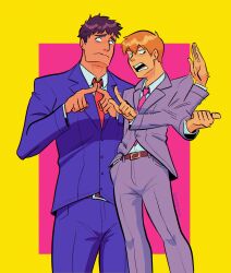 Rule 34 | 2boys, absurdres, blonde hair, brown hair, closed mouth, collared shirt, commentary, english commentary, formal, grey suit, hand in pocket, highres, index fingers together, long sleeves, looking to the side, male focus, mob psycho 100, multiple boys, necktie, open mouth, pants, pink necktie, red necktie, reigen arataka, serizawa katsuya, shirt, short hair, signature, simple background, standing, stellalights, suit, yellow background