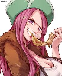 Rule 34 | 1girl, aosora2823, artist name, breasts, brown jacket, cleavage, commentary, eating, eye piercing, food, green hat, hat, highres, jacket, jewelry bonney, large breasts, lips, long hair, looking at viewer, one piece, pink hair, pizza, pizza slice, purple eyes, shirt, simple background, smile, solo, teeth, upper body, white background, white shirt