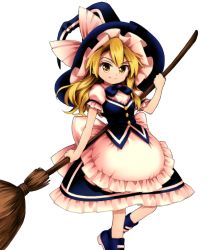 Rule 34 | 1girl, apron, blonde hair, broom, harukawa moe, hat, hat ribbon, holding, kirisame marisa, long hair, looking at viewer, official art, open mouth, puffy sleeves, ribbon, shirt, shoes, short sleeves, skirt, smile, touhou, transparent background, urban legend in limbo, witch hat, yellow eyes