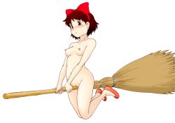 1girl arched_back ass blush bow breasts breasts_apart broom broom_riding brown_eyes cleft_of_venus closed_mouth female_focus flats full_body hair_bow holding holding_broom kiki_(majo_no_takkyuubin) looking_at_viewer majo_no_takkyuubin medium_breasts navel nipples no_socks nude red_bow red_footwear shiny_skin shoes simple_background small_areolae small_nipples solo tof wavy_mouth white_background
