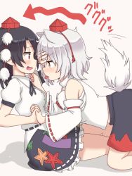 Rule 34 | 2girls, animal ears, arrow (symbol), bare shoulders, black hair, black skirt, blush, commentary request, dadamori, detached sleeves, frilled skirt, frills, from side, hand on forehead, hat, holding hands, interlocked fingers, inubashiri momiji, kneeling, looking at another, multiple girls, open mouth, pom pom (cheerleading), pom pom (clothes), puffy short sleeves, puffy sleeves, red eyes, red hat, ribbon-trimmed sleeves, ribbon trim, sarashi, shameimaru aya, shirt, short hair, short sleeves, sitting, skirt, tail, tokin hat, tongue, tongue out, touhou, translation request, white hair, white shirt, wolf ears, wolf tail, yuri