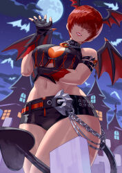 Rule 34 | 1girl, breasts, cleavage, covered eyes, demon girl, demon tail, demon wings, hair over eyes, halloween, head wings, highres, large breasts, lips, lipstick, long hair, looking at viewer, makeup, midriff, mini wings, official alternate costume, ponytail, red hair, shermie (kof), short shorts, shorts, smile, snk, solo, split ponytail, tail, the king of fighters, the king of fighters all-stars, thighs, wings, yagi2013