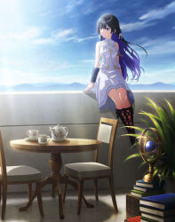 Rule 34 | 1girl, absurdres, black hair, boots, chair, commentary request, cup, dress, highres, key visual, long hair, looking to the side, noumi chika, official art, outdoors, promotional art, purple eyes, sitting, table, teacup, textless version, tinasha (unnamed memory), unnamed memory, white dress, wide shot