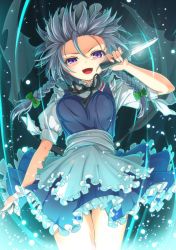 Rule 34 | 1girl, :d, apron, black ribbon, blue background, blue dress, bow, braid, breasts, cowboy shot, dress, dual wielding, forehead, frilled apron, frills, green bow, hair between eyes, hair bow, hand up, holding, holding knife, holding weapon, izayoi sakuya, knife, light particles, looking at viewer, maid, maid apron, maid headdress, matokechi, medium breasts, neck ribbon, open mouth, petticoat, puffy short sleeves, puffy sleeves, purple eyes, reverse grip, ribbon, shirt, short dress, short hair, short sleeves, silver hair, smile, solo, standing, thighs, touhou, twin braids, waist apron, weapon, white apron, white shirt