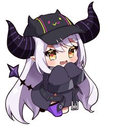 Rule 34 | 1girl, absurdres, bibi (tokoyami towa), blush, chibi, coat, grey hair, heart, heart-shaped pupils, highres, hololive, horns, la+ darknesss, la+ darknesss (1st costume), long hair, mashiro io, open mouth, pointy ears, purple thighhighs, simple background, single thighhigh, sleeves past fingers, sleeves past wrists, solo, striped horns, symbol-shaped pupils, tail, thighhighs, virtual youtuber, white background, yellow eyes