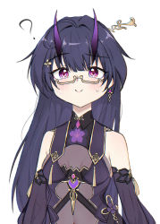 Rule 34 | 1girl, ?, bare shoulders, breasts, china dress, chinese clothes, cleavage, closed mouth, dress, earrings, glasses, hair ornament, highres, honkai (series), honkai impact 3rd, horns, jewelry, long hair, looking at viewer, purple dress, purple eyes, purple hair, purple sleeves, qian xii, raiden mei, raiden mei (herrscher of thunder), simple background, single earring, sleeveless, sleeveless dress, smile, solo, white background