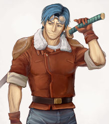 Rule 34 | 1boy, belt, blue hair, bounty sword, brown eyes, brown gloves, character request, cowboy shot, facial hair, gloves, goggles, goggles on head, holding, holding sword, holding weapon, male focus, nonji (sayglo halo), over shoulder, parted hair, scarf, short sleeves, simple background, solo, standing, stubble, sword, weapon, white background, white scarf
