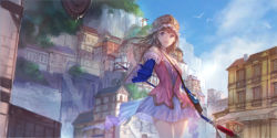 Rule 34 | 1girl, :d, animal, artist name, atelier (series), atelier totori, bag, bare shoulders, bird, blue sky, brown hair, building, cliff, cloud, cowboy shot, day, dress, floating hair, frills, hand up, hat, highres, holding, holding staff, long hair, long sleeves, looking to the side, off shoulder, open mouth, outdoors, purple dress, purple eyes, shoulder bag, sidelocks, sky, smile, solo, spaghetti strap, staff, stairs, standing, swd3e2, thighs, totooria helmold, town, tree, wide sleeves