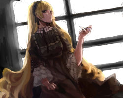 Rule 34 | 1girl, backlighting, bad id, bad pixiv id, blonde hair, chin strap, dutch angle, gosick, gothic lolita, green eyes, hairband, highres, hihiko, holding, lolita fashion, lolita hairband, long hair, sideways glance, smoking pipe, solo, very long hair, victorica de blois, wide sleeves, window