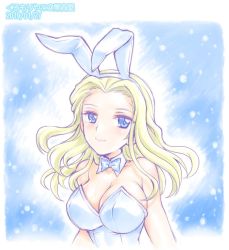 Rule 34 | animal ears, blonde hair, blue eyes, breasts, clara (girls und panzer), cleavage, dated, detached collar, eyebrows, fake animal ears, girls und panzer, large breasts, leotard, long hair, necktie, one-hour drawing challenge, playboy bunny, rabbit ears, smile, solo