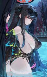 Rule 34 | 1girl, absurdres, alternate costume, alternate hairstyle, ass, black hair, black one-piece swimsuit, blue archive, blush, breasts, bright pupils, cowboy shot, eyewear on head, fingernails, halo, highres, kabedoru, large breasts, long hair, looking at viewer, nail polish, night, one-piece swimsuit, open mouth, outdoors, pink nails, red eyes, revision, ringed eyes, rio (blue archive), solo, sunglasses, swimsuit, twintails, underboob, wading, water, white pupils