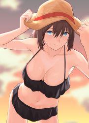 Rule 34 | 1girl, absurdres, arms up, backlighting, bikini, black bikini, blue eyes, blurry, breasts, brown hair, cleavage, collarbone, contrapposto, cowboy shot, depth of field, expressionless, frilled bikini, frills, hair between eyes, halterneck, hands on headwear, hat, highres, looking at viewer, medium breasts, navel, original, outdoors, solo, standing, sun hat, sunlight, sunset, swimsuit, while d