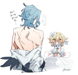 Rule 34 | 1boy, 1girl, absurdres, bare shoulders, blonde hair, blue hair, blush, chibi, couple, covering face, dottore (genshin impact), english text, flower, genshin impact, hair flower, hair ornament, hand on own face, hetero, highres, kradebii, lumine (genshin impact), open clothes, short hair, simple background, white background, yes-no pillow
