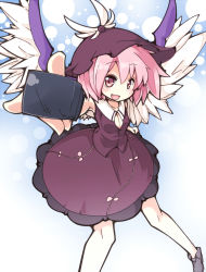 Rule 34 | 1girl, bad id, bad pixiv id, bow, breasts, cleavage, colorized, dress, fang, female focus, frilled dress, frills, hat, ibuki notsu, katsudansou, medium breasts, microphone, mystia lorelei, outstretched arm, outstretched hand, pink hair, shoes, short hair, smile, solo, touhou, vest, wings