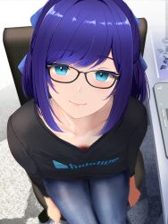 Rule 34 | 1girl, a-chan (1st costume) (hololive), a-chan (hololive), black-framed eyewear, black shirt, blue bow, blue eyes, blue hair, blue pants, blush, bow, breasts, chair, cleavage, closed mouth, cohi27151463, commentary, computer, cowboy shot, denim, desk, from above, glasses, hair bow, highres, hololive, jeans, laptop, looking at viewer, office chair, pants, shirt, short hair, sitting, small breasts, smile, solo, swept bangs, swivel chair, t-shirt, virtual youtuber