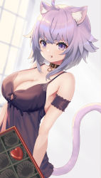Rule 34 | 1girl, animal collar, animal ears, bare shoulders, breasts, candy, cat ears, cat girl, cat tail, chocolate, chocolate heart, collar, food, food on face, heart, highres, hololive, looking at viewer, medium breasts, nekomata okayu, nightgown, pondel, purple eyes, purple hair, short hair, solo, tail, valentine, virtual youtuber, window