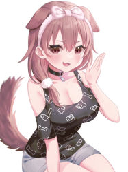 Rule 34 | 1girl, :3, :d, animal ears, blush, bone print, breasts, brown eyes, brown hair, cartoon bone, cleavage, collar, commentary request, dog ears, dog girl, dog tail, hololive, inugami korone, inugami korone (loungewear), large breasts, long hair, looking at viewer, negima (le ne38), open mouth, shorts, simple background, sitting, smile, solo, tail, virtual youtuber, white background