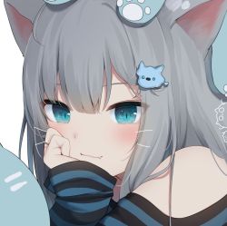 Rule 34 | 1girl, amashiro natsuki, animal ears, bare shoulders, blue background, blue eyes, blush, cat ears, closed mouth, commentary, drawn whiskers, eyebrows hidden by hair, fang, fang out, grey hair, hair between eyes, hair ornament, hand up, long hair, long sleeves, looking at viewer, nachoneko, off-shoulder shirt, off shoulder, original, shirt, sleeves past wrists, smile, solo, striped clothes, striped shirt, symbol-only commentary, upper body, white background