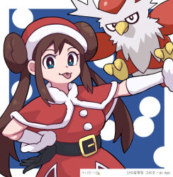 Rule 34 | 1girl, belt, black belt, black gloves, blue background, blue eyes, border, bright pupils, brown hair, capelet, closed mouth, commentary, creatures (company), delibird, double bun, dress, fur-trimmed capelet, fur trim, game freak, gen 2 pokemon, gigobyte350, gloves, hair bun, hand on own hip, hat, korean text, long hair, nintendo, official alternate costume, outstretched arm, pokemon, pokemon (creature), pokemon masters ex, red capelet, red dress, red hat, rosa (holiday 2019) (pokemon), rosa (pokemon), santa hat, sidelocks, smile, tongue, tongue out, twintails, white border, white pupils