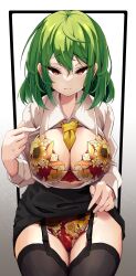 Rule 34 | 1girl, absurdres, black skirt, bra, breasts, cleavage, clothes lift, collared shirt, floral print, garter straps, green hair, highres, hira-san, kazami yuuka, large breasts, lingerie, looking at viewer, medium hair, open clothes, open shirt, panties, red eyes, shirt, skirt, skirt lift, solo, thighhighs, touhou, underwear, white shirt