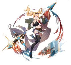 Rule 34 | 1girl, bare shoulders, black footwear, black skirt, black thighhighs, blonde hair, blue eyes, breasts, cleavage, erosiscon, granblue fantasy, highres, holding, holding weapon, leg up, looking at viewer, miniskirt, navel, polearm, shoes, skirt, smile, spear, standing, standing on one leg, thighhighs, weapon, zeta (dark) (granblue fantasy), zeta (granblue fantasy)