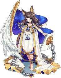 Rule 34 | 1girl, animal ear fluff, animal ears, ankh, anklet, ark order, barefoot, blue eyes, brown hair, cane, cape, chain, choker, constellation print, dress, ear piercing, eye of horus, feathered wings, feathers, fox ears, full body, gold trim, hair tubes, jewelry, lion tail, long hair, looking at viewer, mao ren tv xiao z, official art, piercing, pillar, short eyebrows, sidelocks, single wing, solo, sphinx (ark order), tachi-e, tail, transparent background, two-sided cape, two-sided fabric, white cape, white dress, white feathers, white wings, wings