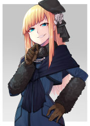 Rule 34 | 1girl, absurdres, black hat, blonde hair, blue eyes, blush, brown gloves, commentary request, fate/grand order, fate (series), flower, fur trim, gloves, grey background, grin, hair flower, hair ornament, hat, highres, long hair, long sleeves, looking at viewer, lord el-melloi ii case files, mikan (chipstar182), reines el-melloi archisorte, simple background, smile, solo, white flower