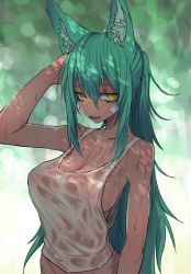 Rule 34 | 1girl, animal ear fluff, animal ears, arm up, bandaid, bandaid on cheek, bandaid on face, blurry, blurry background, breasts, covered erect nipples, gomio (bb-k), green hair, hair between eyes, hand on own head, highres, large breasts, long hair, looking at viewer, nipples, original, parted lips, see-through, sharp teeth, sideboob, sidelocks, simple background, solo, sweat, tank top, teeth, very long hair, wet, wet clothes, white tank top, yellow eyes
