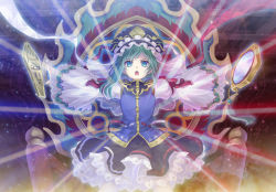 Rule 34 | 1girl, armband, asymmetrical hair, blue eyes, cleansed crystal mirror, embellished costume, female focus, frills, green hair, hat, holding, long sleeves, looking at viewer, open mouth, outstretched arms, ribbon, rod of remorse, shiki eiki, shirt, short hair, skirt, solo, soukuu kizuna, touhou, wide sleeves