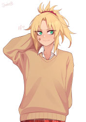 Rule 34 | 1girl, arm behind head, artist name, bandaid, bandaid on cheek, bandaid on face, blonde hair, blush, brown sweater, closed mouth, commentary, cowboy shot, darahan, english commentary, fate/apocrypha, fate (series), green eyes, hair ornament, hair scrunchie, hand up, heart, long hair, long sleeves, looking at viewer, mordred (fate), mordred (fate/apocrypha), plaid, plaid skirt, ponytail, red scrunchie, red skirt, revision, scrunchie, shirt, simple background, skirt, smile, solo, sweater