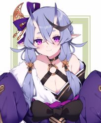 Rule 34 | 1girl, :3, black bow, black sash, bow, commentary request, hair between eyes, hair ornament, hair ribbon, hair stick, haruyuki (yukichasoba), highres, horns, low twintails, multicolored hair, nijisanji, o-ring, obi, oni, pointy ears, purple eyes, purple hair, purple ribbon, ribbon, rindou mikoto, sash, skin-covered horns, sleeves past fingers, sleeves past wrists, solo, streaked hair, twintails, upper body, virtual youtuber