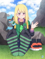 Rule 34 | 1girl, blonde hair, blush, character request, creatures (company), feet, foot focus, game freak, gen 4 pokemon, highres, long hair, looking at viewer, lululewd, nintendo, original, pokemon, pokemon (creature), purple eyes, riolu, rock, sitting, smile, socks, soles, striped clothes, striped legwear, striped socks, toes, tongue, tongue out