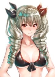 Rule 34 | 10s, 1girl, aged up, anchovy (girls und panzer), anchovy (girls und panzer), bikini, breasts, cleavage, drill hair, girls und panzer, hair ribbon, long hair, looking at viewer, red eyes, ribbon, shiny skin, simple background, smile, solo, standing, swimsuit, twintails, upper body, wavy mouth, zucchini