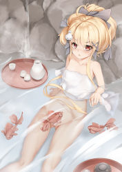 Rule 34 | 1girl, absurdres, animal, bad id, bad pixiv id, blonde hair, blush, bottomless, chinese commentary, choko (cup), commentary request, convenient censoring, covering privates, cup, feet out of frame, fish, gluteal fold, grey ribbon, groin, hair between eyes, hair ornament, hair ribbon, highres, long hair, looking at viewer, navel, niliu chahui, nude cover, original, parted lips, partially submerged, photoshop (medium), red eyes, ribbon, solo, tokisaki asaba (niliu chahui), tokkuri, v-shaped eyebrows, very long hair, water