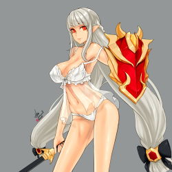 Rule 34 | 00s, 1girl, bad id, bad pixiv id, breasts, caooll, cleavage, dungeon and fighter, grey background, highres, knight (dungeon and fighter), large breasts, long hair, looking at viewer, low-tied long hair, navel, original, pointy ears, red eyes, shield, silver hair, simple background, solo, sword, thighs, very long hair, weapon