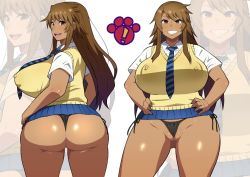 Rule 34 | 1girl, ass, blue skirt, blush, breasts, brown eyes, brown hair, cleft of venus, clenched teeth, covered erect nipples, cowboy shot, curvy, diagonal-striped neckwear, from behind, groin, gyaru, hands on own hips, happy, huge ass, huge breasts, legs, legs apart, light blush, long hair, looking at viewer, looking back, miniskirt, mole, mole under eye, multiple views, naughty face, necktie, nyan koi!, open mouth, panties, pussy, school uniform, sideboob, skirt, smile, standing, string panties, striped neckwear, sumiyoshi kanako, tan, teeth, tetrodotoxin, thick thighs, thighs, thong, uncensored, underwear, wedgie, wide hips, zoom layer