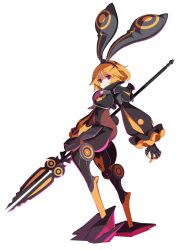 Rule 34 | 1girl, animal ears, armored boots, boots, disgaea, disgaea rpg, full body, highres, holding, holding polearm, holding weapon, long sleeves, non-web source, official art, orange hair, photoshop (medium), pink eyes, polearm, rabbit ears, rabbit tail, short hair, solo, standing, tail, transparent background, usalia (disgaea), weapon
