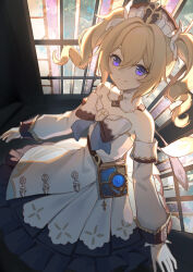Rule 34 | 1girl, barbara (genshin impact), belt, blonde hair, blue eyes, book, bow, bowtie, brown belt, chinese commentary, closed mouth, commentary request, detached sleeves, dress, genshin impact, highres, indoors, long hair, looking at viewer, qingjian, smile, solo, twintails, vision (genshin impact), white bow, white bowtie, white dress, white headwear, window