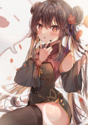 Rule 34 | 1girl, :o, bare shoulders, bead bracelet, beads, black nails, black thighhighs, blush, bracelet, chinese clothes, closed eyes, detached sleeves, double bun, flower, genshin impact, ghost, hair bun, hair flower, hair ornament, hand in own hair, highres, hu tao (genshin impact), jewelry, long hair, maruro, nail polish, open mouth, petals, ring, thighhighs, twintails, v, very long hair, wide sleeves